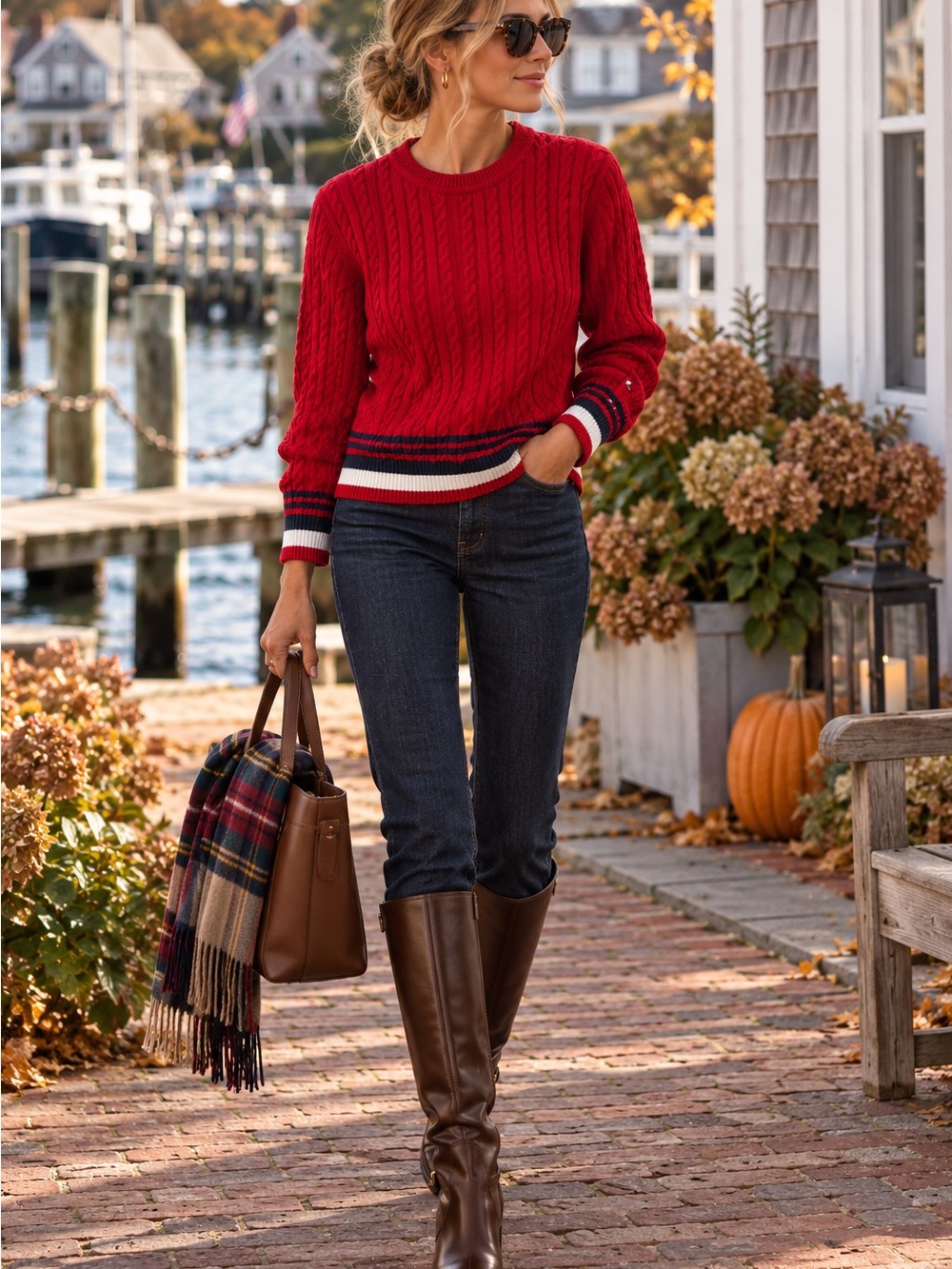 Tommy Hilfiger Red & Navy Cable Knit Sweater XL Coastal Preppy Equestrian Fall